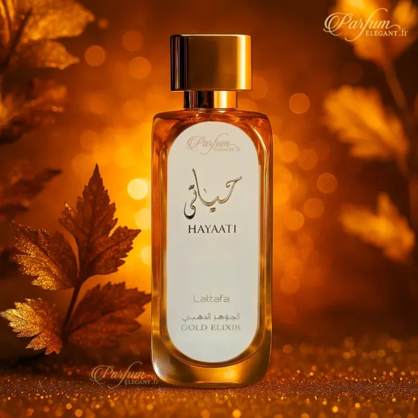 Coffret et bouteille Hayaati Gold Elixir Lattafa – Parfum mixte élégant