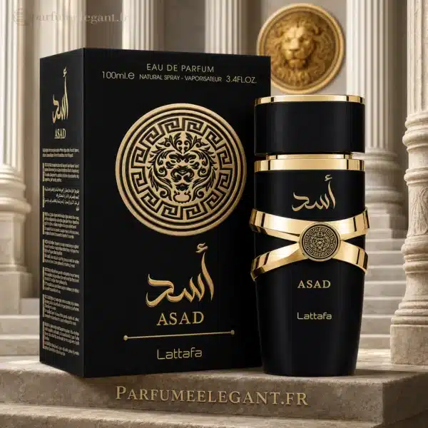 Asad Lattafa dans un décor oriental haut de gamme Asad Lattafa Eau de Parfum présenté dans une mise en scène luxueuse avec colonnes en marbre et décoration orientale