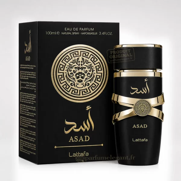 Flacon et boîte Asad Lattafa Eau de Parfum 100 ml pour homme sur fond blanc