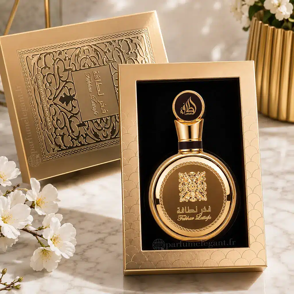 Fakhar Gold Lattafa Pride – Eau de Parfum Homme 100 ml 3 Fakhar Gold Lattafa Pride avec ses ingrédients sur décor marbre
