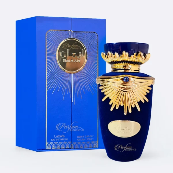 Flacon Emaan Lattafa sur fond clair – Parfum floral chypré pour femme