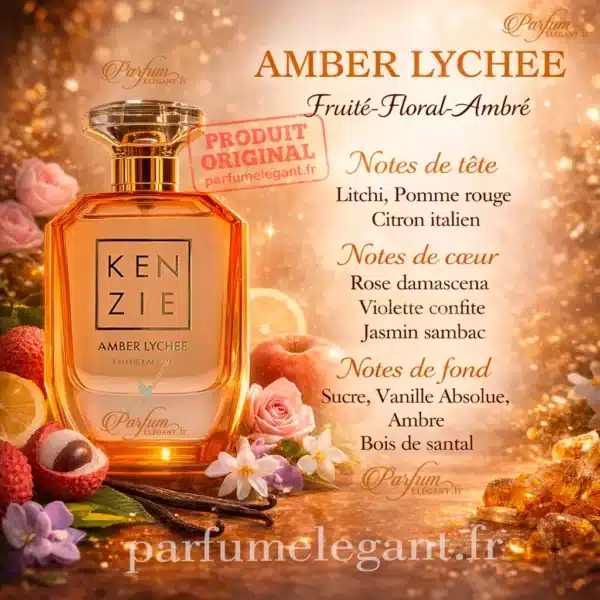 flacon-boite-kenzie-amber-lychee-eau-de-parfum pyramide olfactive amber lychee litchi pomme rose jasmin vanille ambre parfum kenzie