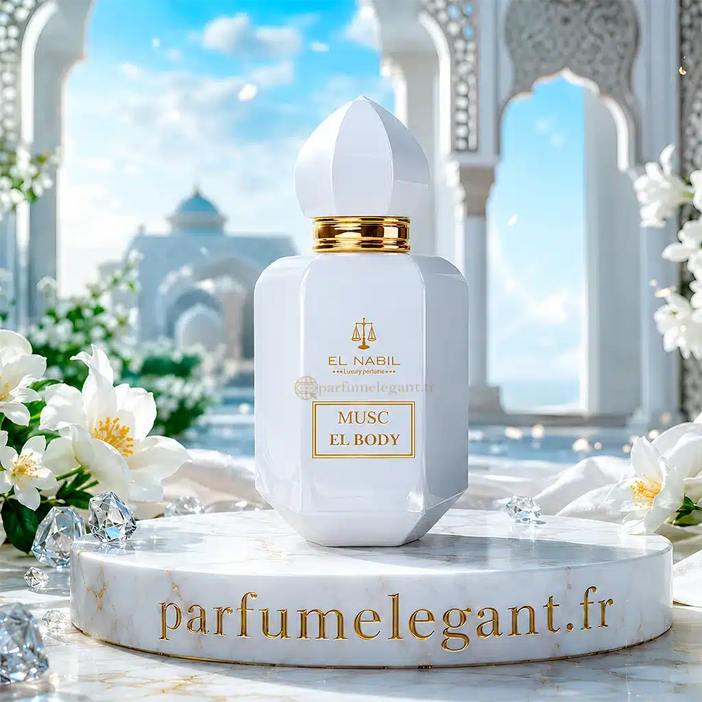 Musc El Body – Eau de Parfum Mixte 65 ml | El Nabil 2 Flacon Musc El Body El Nabil aux notes de musc blanc fleurs blanches vanille et bois doux