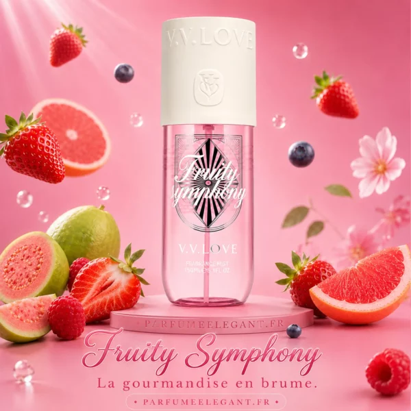 Fruity Symphony02 Brume parfumée Fruity Symphony V.V. Love 150 ml présentée dans un univers raffiné avec fleurs, fruits et accessoires de beauté