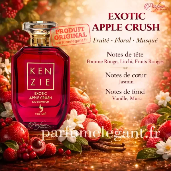 Kenzie Exotic Apple Crush notes olfactives pomme litchi vanille Visuel Kenzie Exotic Apple Crush avec notes olfactives pomme rouge litchi fruits rouges jasmin vanille et musc