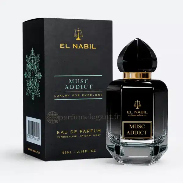 Parfum Élégant – Parfums Dubaï & Orientaux | Dupes Luxe à Prix Abordables en Boutique & en Ligne 6 Musc Addict El Nabil parfum mixte 65 ml avec décor oriental élégant et fleurs blanches