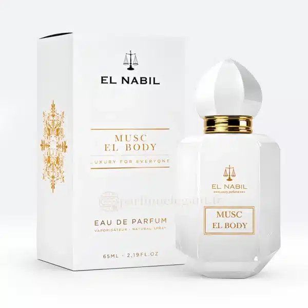 Musc El Body El Nabil parfum mixte présenté dans une décoration lumineuse avec fleurs blanches