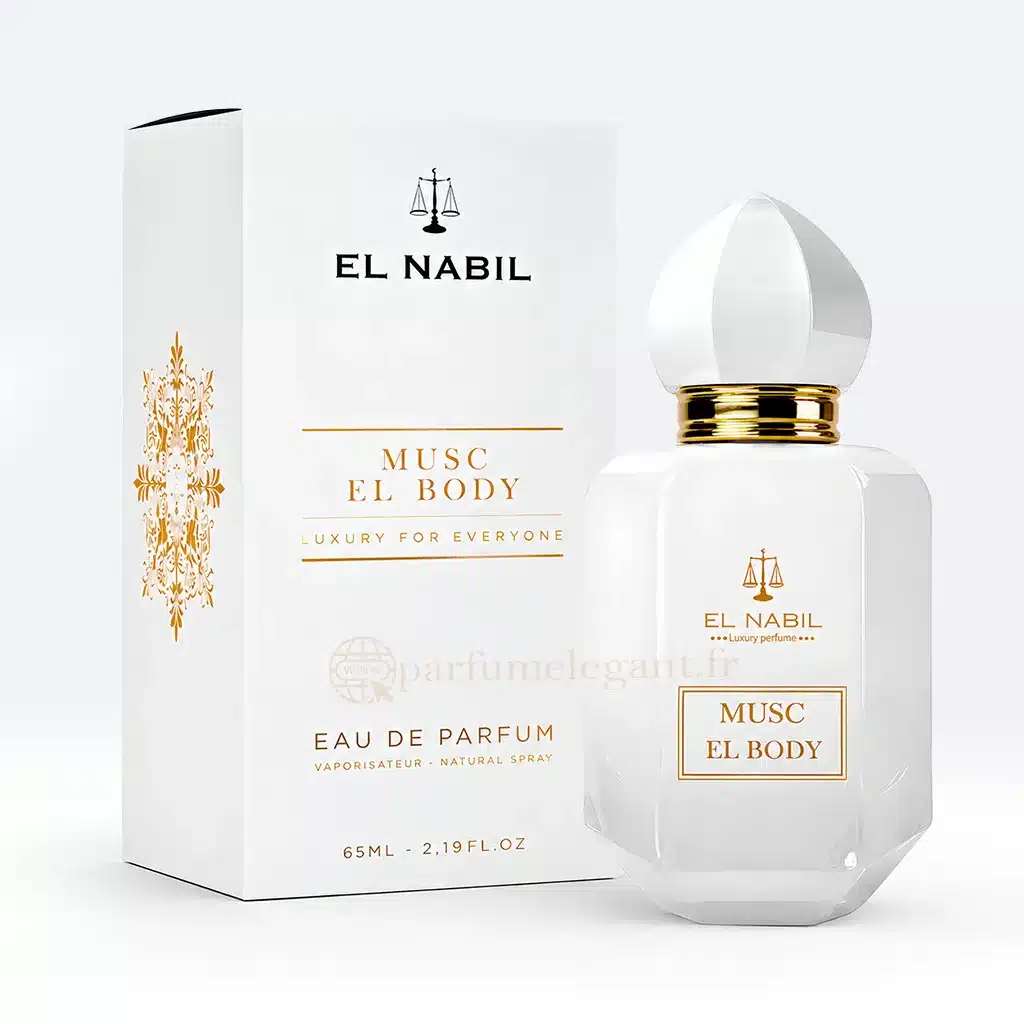 Musc El Body – Eau de Parfum Mixte 65 ml | El Nabil 1 Musc El Body El Nabil parfum mixte présenté dans une décoration lumineuse avec fleurs blanches