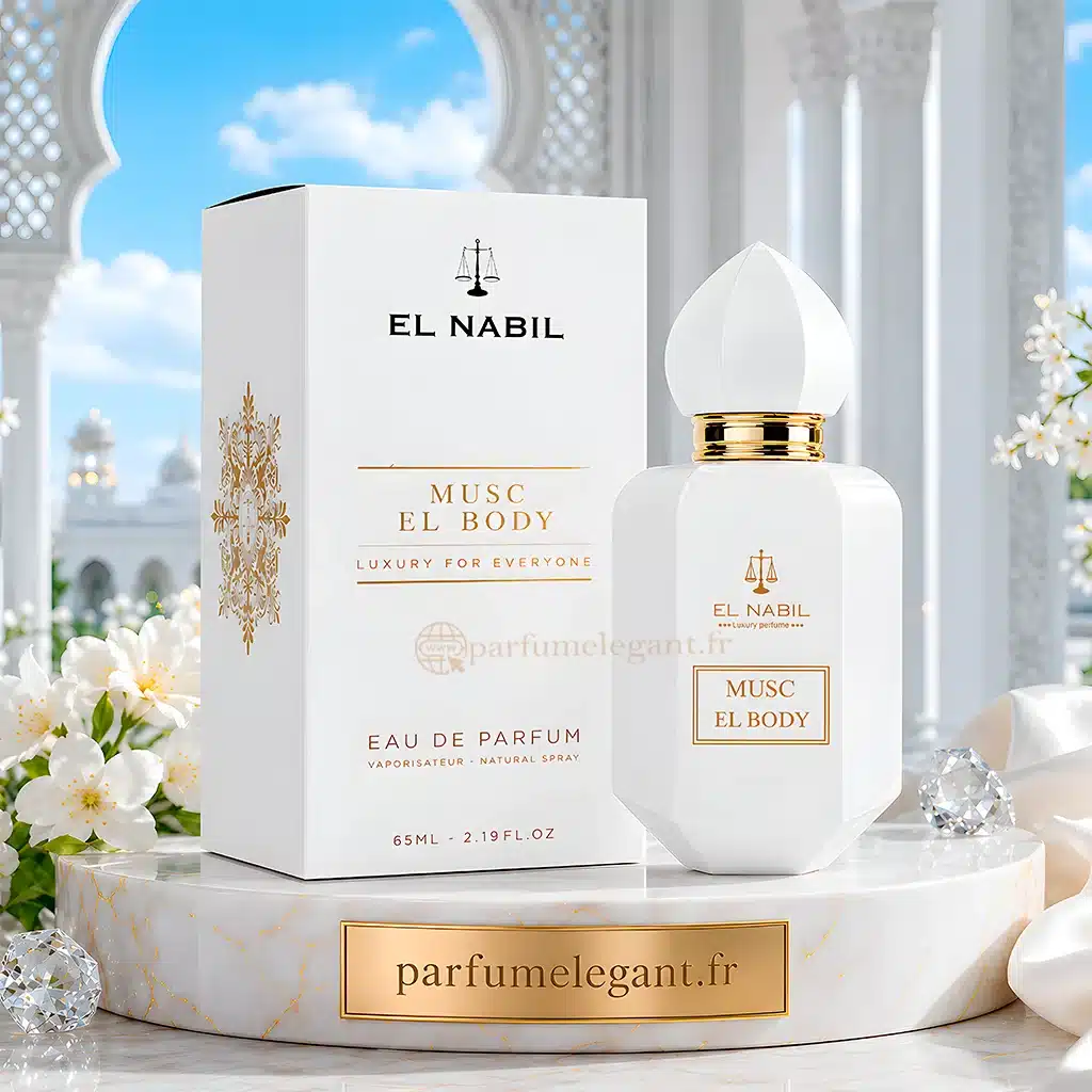 Musc El Body – Eau de Parfum Mixte 65 ml | El Nabil 3 Musc El Body El Nabil eau de parfum mixte 65 ml avec flacon et boîte sur fond blanc