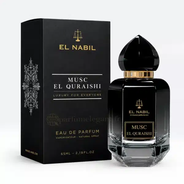 Musc El Quraishi El Nabil parfum mixte présenté dans un décor raffiné avec fleurs blanches et ambiance orientale