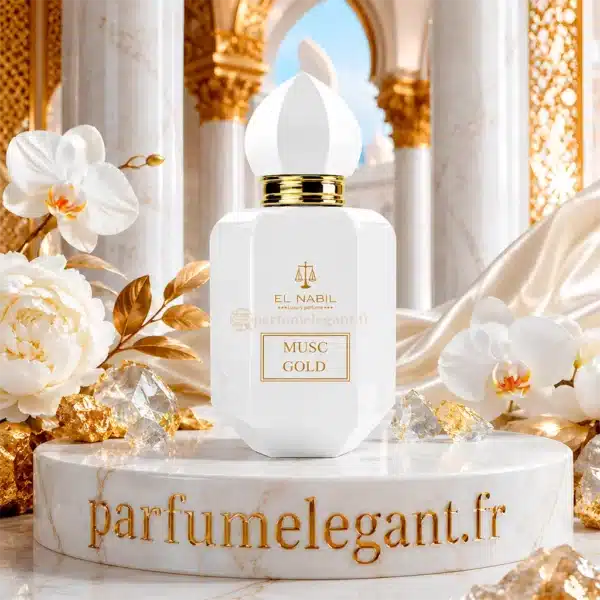 Musc Gold El Nabil dans une mise en scène élégante Musc Gold El Nabil parfum mixte présenté dans une décoration luxueuse avec fleurs blanches et ambiance orientale