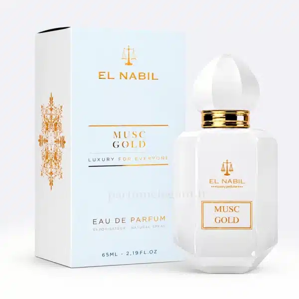 Musc Gold El Nabil eau de parfum mixte 65 ml avec flacon et boîte sur fond blanc