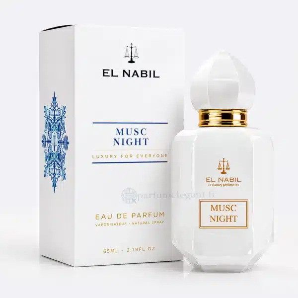 Musc Night El Nabil parfum mixte présenté dans une ambiance orientale élégante avec fleurs blanches et lanternes dorées