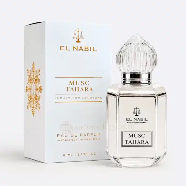Musc Tahara El Nabil parfum mixte présenté dans un décor oriental raffiné avec fleurs blanches et marbre