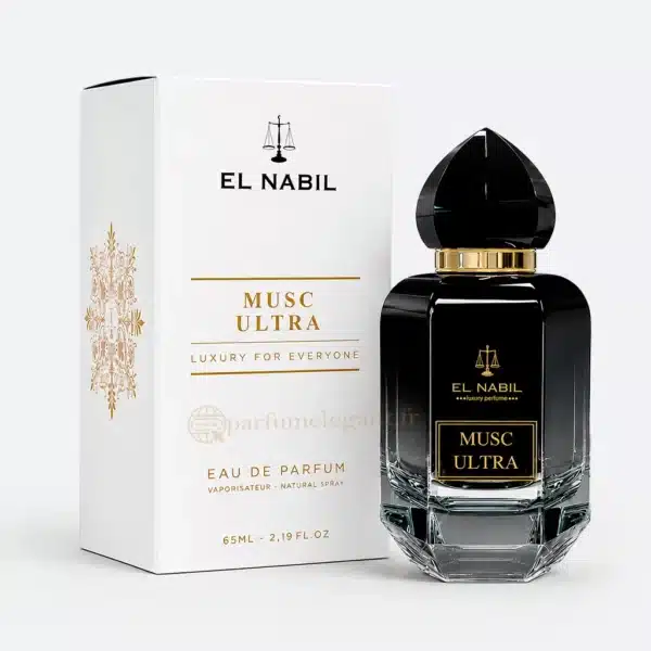 Musc Ultra El Nabil parfum mixte présenté dans un décor oriental raffiné avec fleurs blanches et marbre