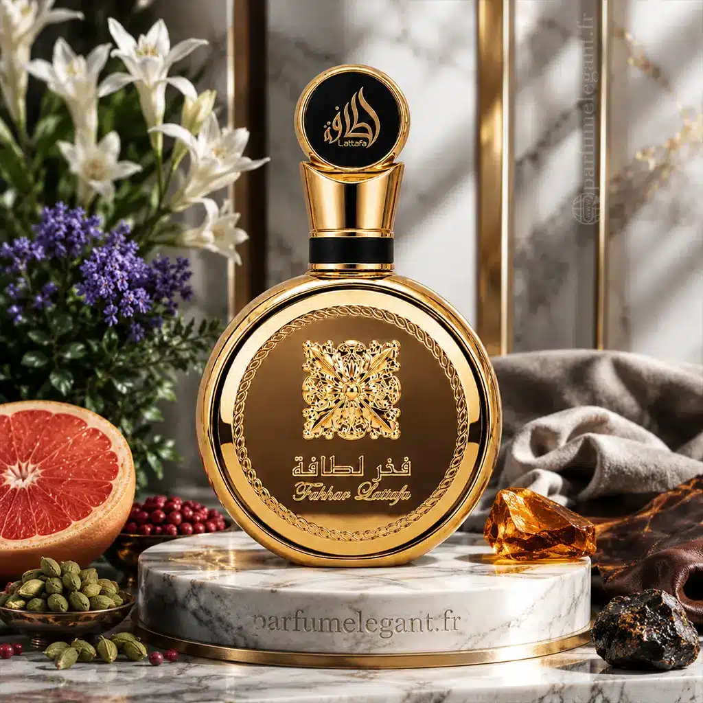 Fakhar Gold Lattafa Pride – Eau de Parfum Homme 100 ml 4 Flacon Fakhar Gold Lattafa dans un décor luxueux