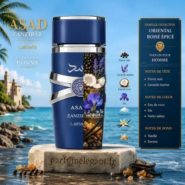 Pyramide olfactive Asad Zanzibar Lattafa Notes olfactives et famille orientale boisée épicée Asad Zanzibar