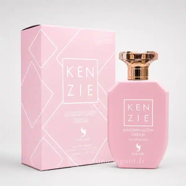 Parfums Femme Dubaï, Orientaux & Gourmands – Longue Tenue et Élégance 198 Flacon et boîte du parfum Kenzie Marshmallow Dream Volaré Eau de Parfum 100 ml pour femme, parfum fruité gourmand aux notes de fraise, framboise, fleur d'oranger, guimauve, noix de coco, vanille fouettée et musc.