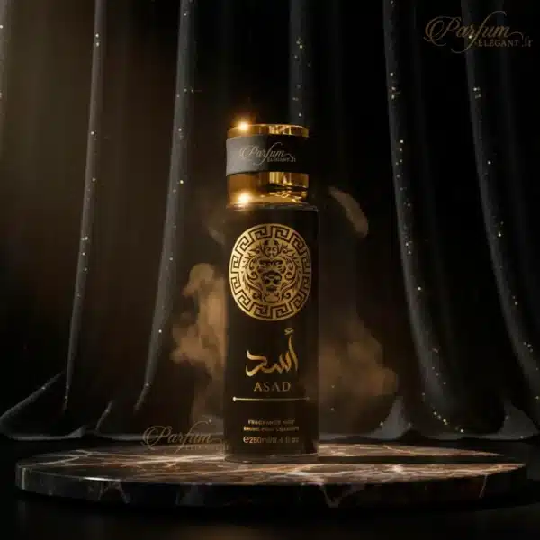 Brume inspirée de Asad Lattafa dans un décor noir et or lumineux