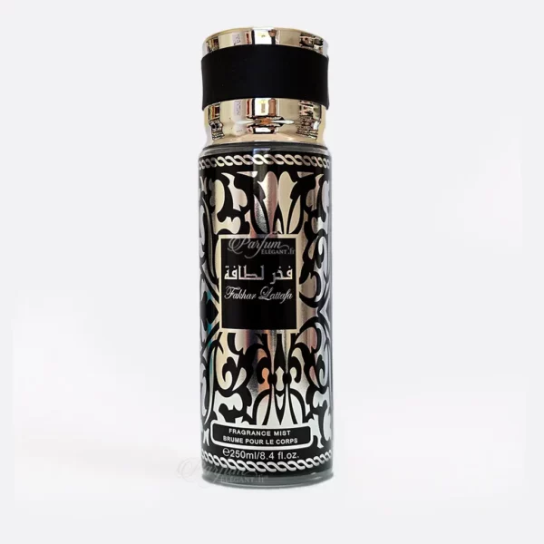 Brume parfumée Fakhar Silver inspirée Lattafa – bouteille noire argentée