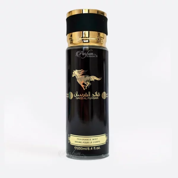 Brume parfumée Qaed Al Fursan inspirée du parfum Lattafa, bouteille noire