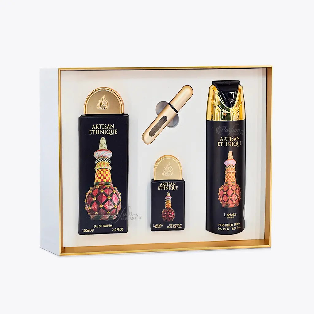 Coffret Parfum Artisan Ethnique – Lattafa Pride 1 Coffret Artisan Ethnique 3 pièces parfum Dubaï vanille caramel café gourmand