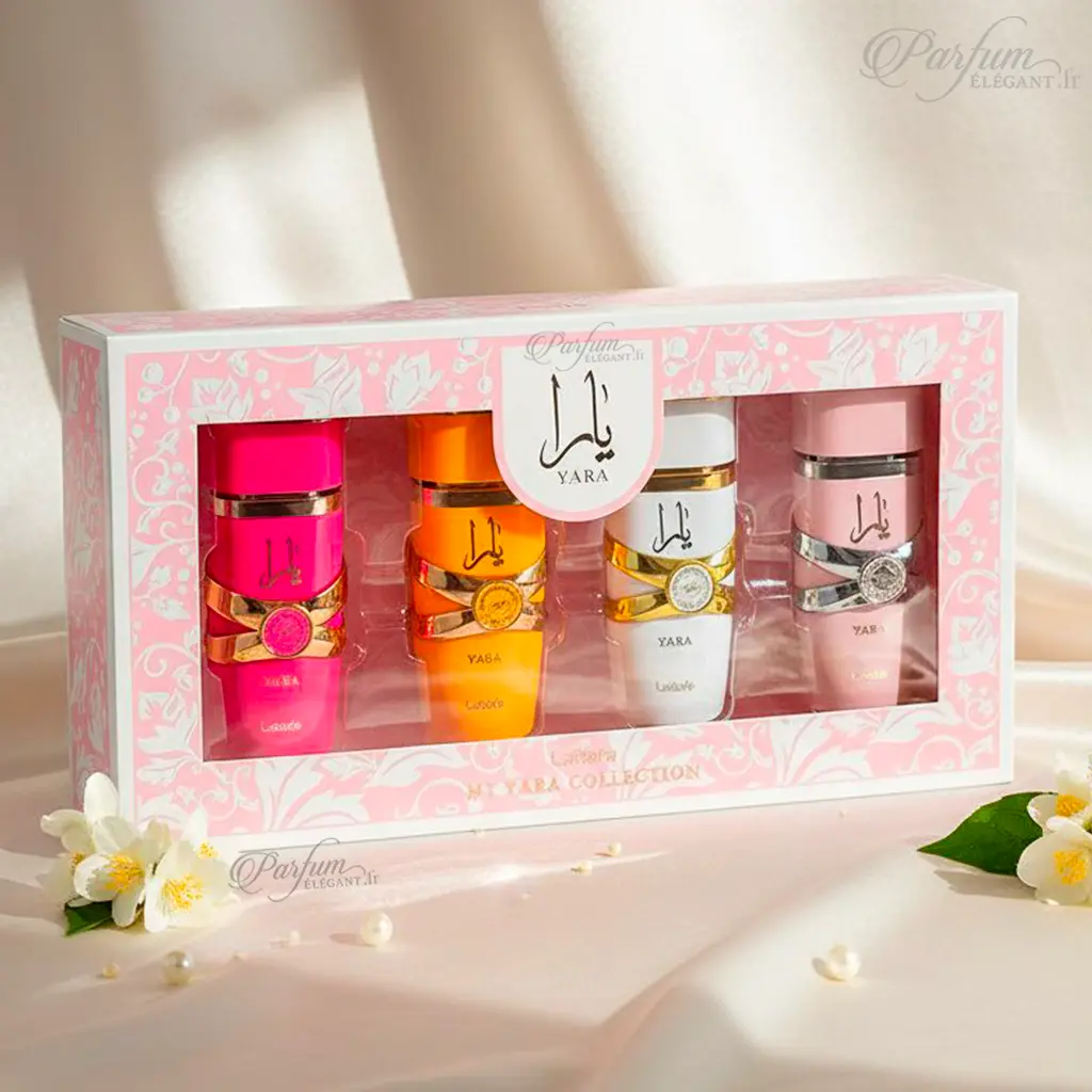 Coffret 4 Mini Yara Eau de Parfum 25 ml – Lattafa (Collection Yara Dubai) 3 Gamme complète des parfums Yara pour femme : Yara Pink, Yara White, Yara Classic et Yara Tous, fragrances orientales.