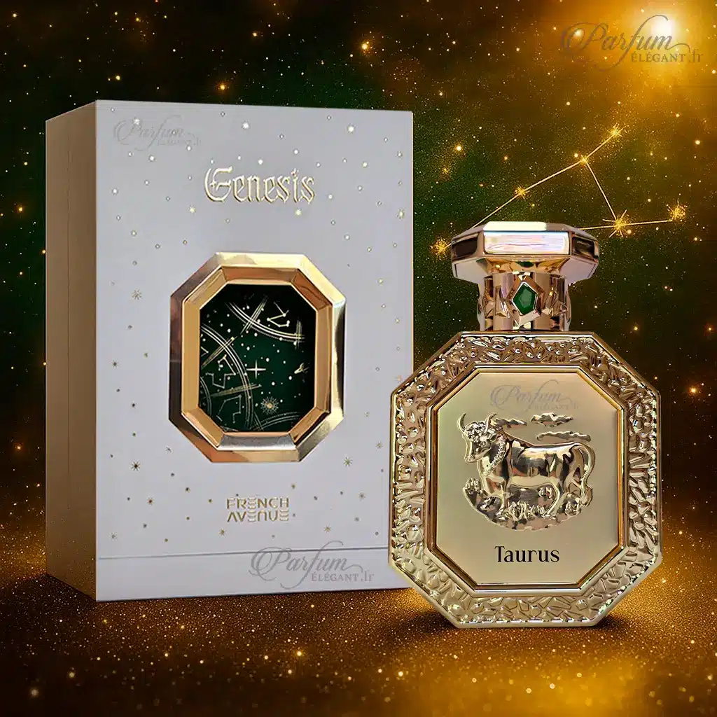Taurus Genesis French Avenue – Eau de Parfum oriental boisé mixte 100 ml 3 Coffret Taurus Genesis French Avenue avec boîte blanche constellations et flacon doré