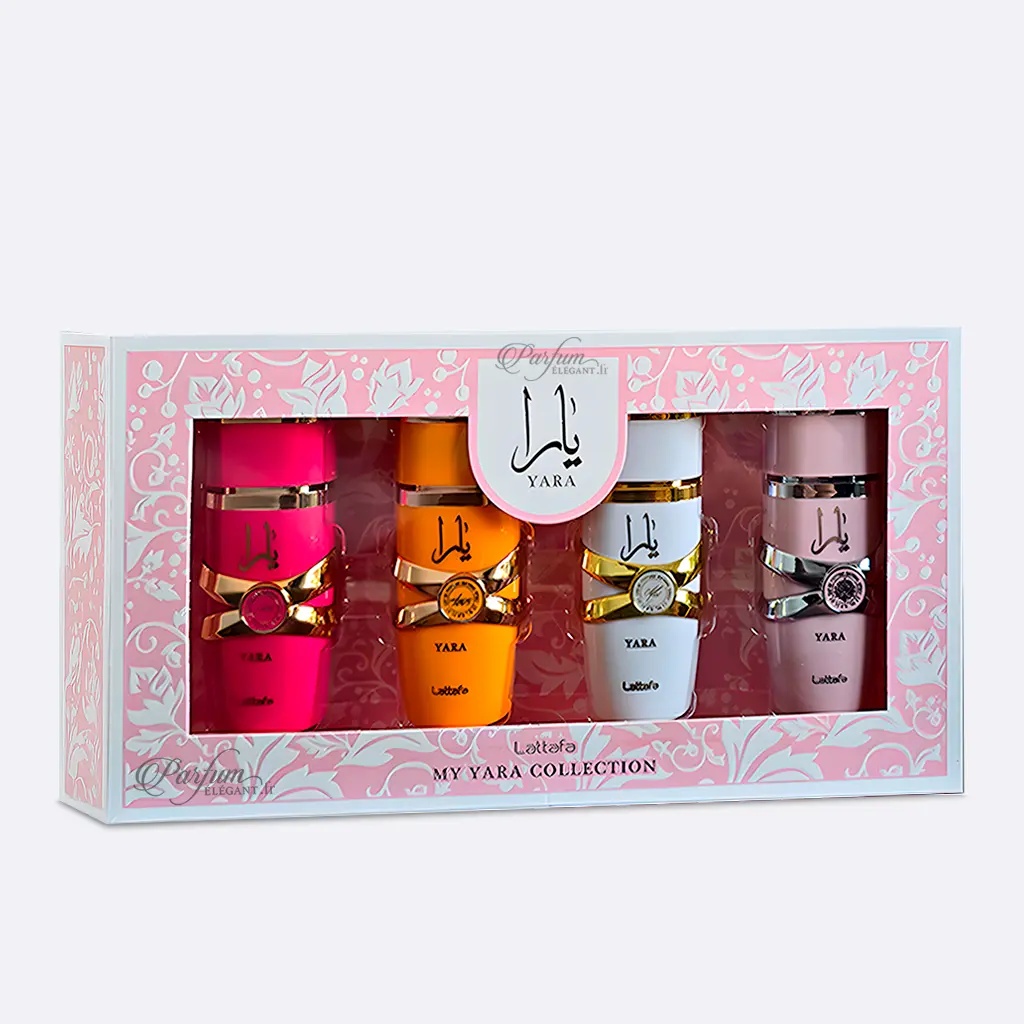 Coffret 4 Mini Yara Eau de Parfum 25 ml – Lattafa (Collection Yara Dubai) 1 Coffret parfum Yara collection privée – 4 mini parfums orientaux femmes aux notes gourmandes et florales, édition Lattafa.