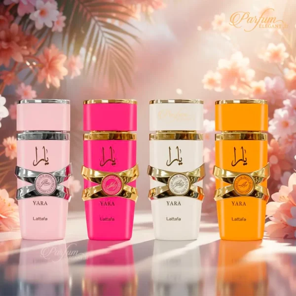 Collection Yara – Parfums Orientaux Féminins Parfum Elegant Coffret Yara Lattafa avec 4 parfums miniatures féminins, fragrances orientales et gourmandes.