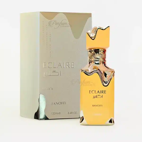 Parfum Eclaire Banoffi avec boîte beige et fond doré, fragrance orientale sucrée pour femme.