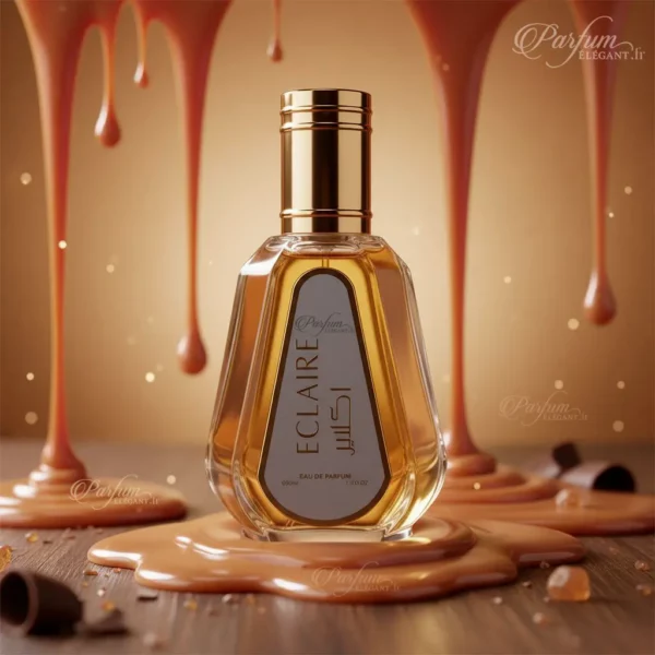 Flacon Eclaire parfum oriental gourmand inspiré de Lattafa posé sur un décor caramel doré