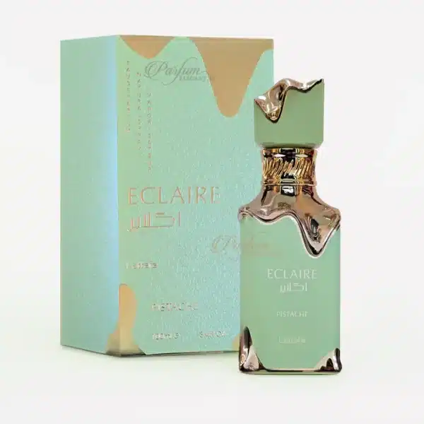 Parfum Eclaire Pistache Lattafa avec sa boîte verte et dorée, fragrance féminine orientale et gourmande.