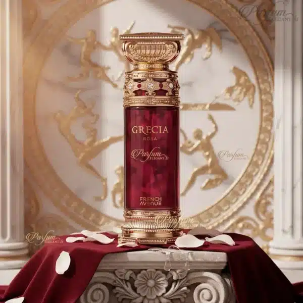 Parfum Grecia Rosa présenté dans un décor antique grec avec roses – eau de parfum féminine