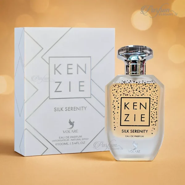 Parfum Kenzie Silk Serenity devant sa boîte blanche sur fond doré, fragrance féminine douce et délicate.