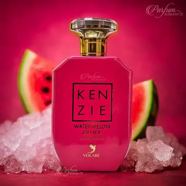 Packshot du parfum Kenzie Watermelon On Ice accompagné de sa boîte rose, eau de parfum fruitée et fraîche.