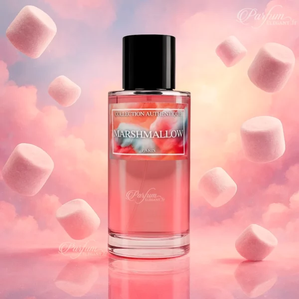 Parfum Marshmallow de la Collection Privée L’Authentique présenté avec son flacon rose tendre ; fragrance sucrée, féminine et élégante.