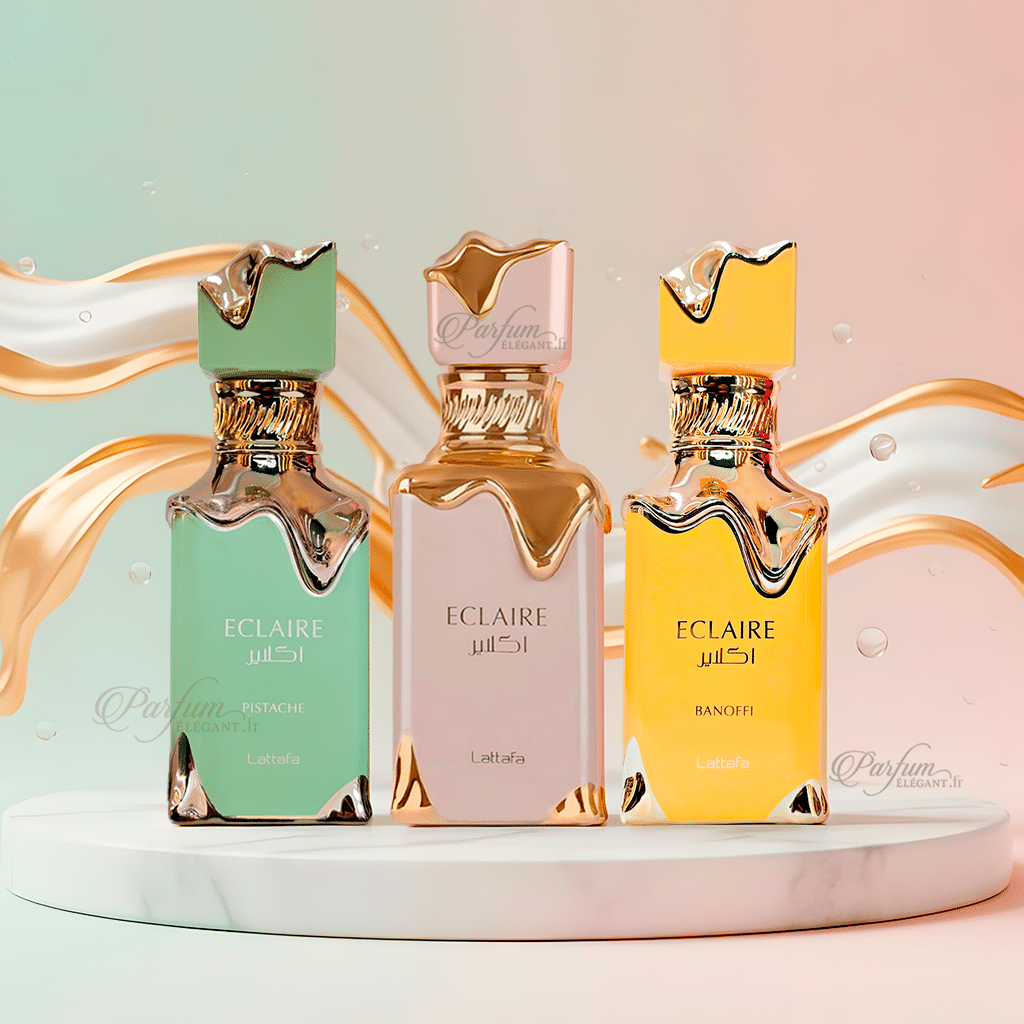 Flacons ECLAIRE Lattafa – parfums gourmands pistache, vanille et banane caramel - tendance 2025 parfum dubai original