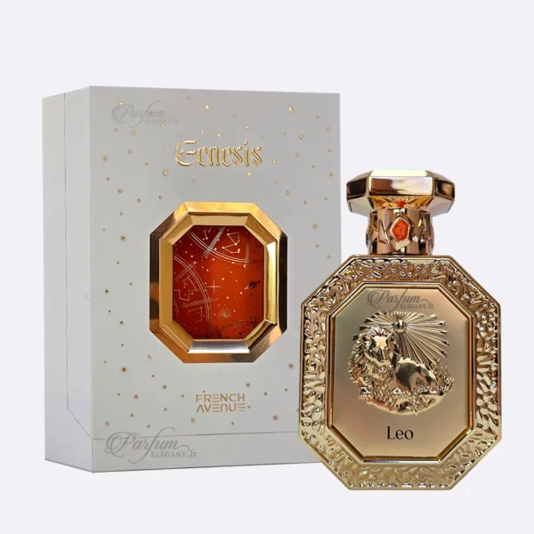 Flacon Leo French Avenue collection Genesis, parfum oriental boisé doré