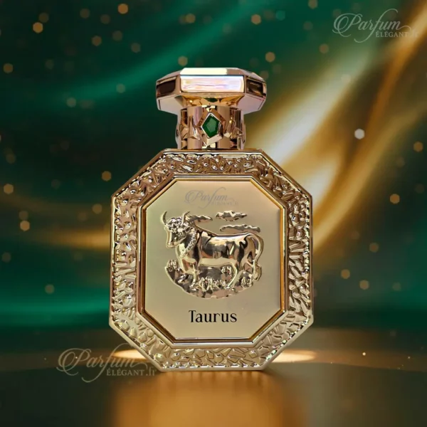 Eau de parfum Taurus Genesis French Avenue flacon doré vu de face sur fond vert étoilé