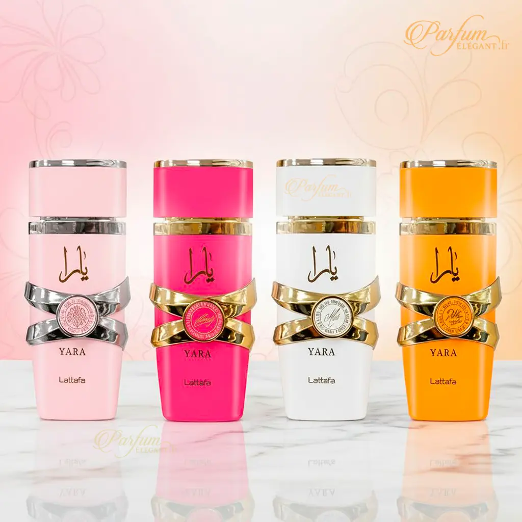 Coffret 4 Mini Yara Eau de Parfum 25 ml – Lattafa (Collection Yara Dubai) 4 Quatre parfums Yara pour femme posés sur marbre, fragrances gourmandes, florales et orientales.