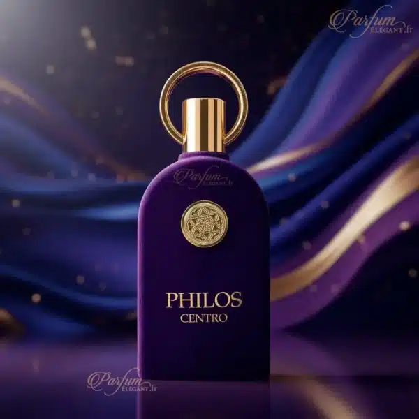 Flacon velours bleu nuit PHILOS CENTRO posé sur fond sombre élégant, parfum inspiré de parfums de niche fruités orientaux