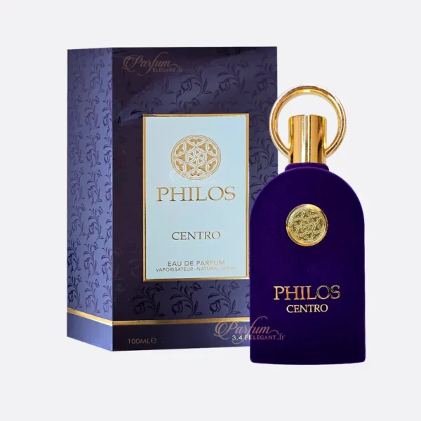 Coffret et bouteille PHILOS CENTRO présentés sur fond lumineux, eau de parfum Dubaï mixte longue tenue