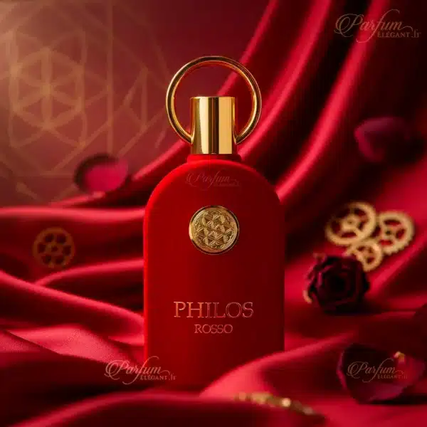 Parfum PHILOS ROSSO sur fond rouge soyeux fragrance orientale