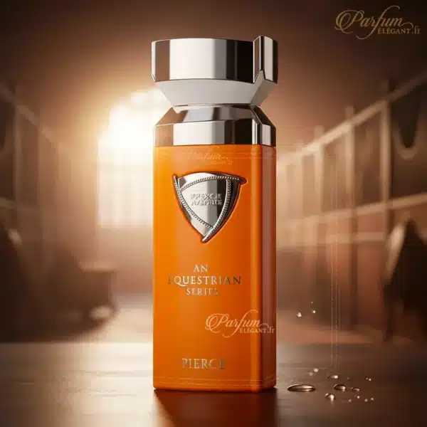 Flacon PIERCE posé dans une écurie lumineuse – parfum frais et boisé pour homme
