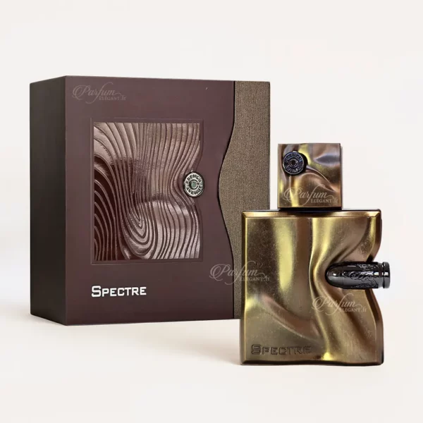 Coffret et flacon Spectre French Avenue posés au bord de l’eau au coucher du soleil – parfum homme cuiré boisé
