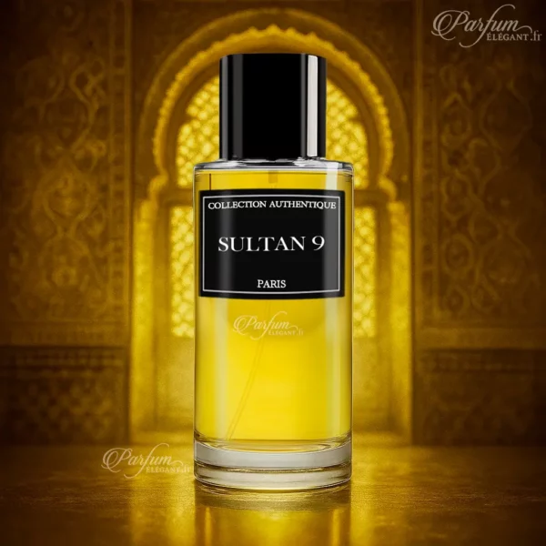 Parfum Sultan 9 de la Collection Privée L’Authentique présenté dans un flacon doré ; fragrance mixte riche, ambrée et luxueuse.