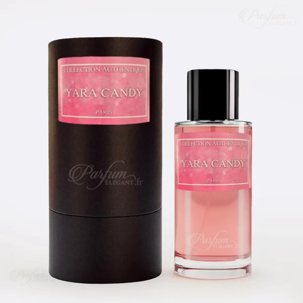 Flacon de parfum Yara Candy Collection Privée L’Authentique, Eau de Parfum femme 50 ml aux accords de fruits rouges, caramel et vanille — gourmand, doux et féminin.