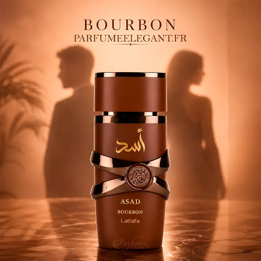 Asad Bourbon – Eau de Parfum Oriental Épicé & Vanillé Mixte – Lattafa 3 Flacon Asad Bourbon Lattafa dans une ambiance élégante avec un couple en arrière-plan.