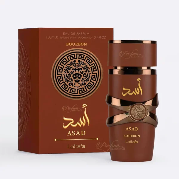 Coffret et flacon du parfum Asad Bourbon Lattafa eau de parfum homme 100ml, fragrance orientale boisée aux notes chaudes